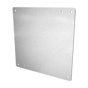 Flat square metallic panel with a speckled finish and small holes near each corner