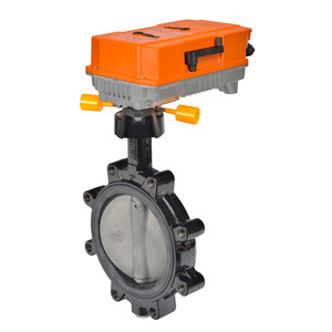 Large black flanged valve with orange motorized actuator and integral linkage