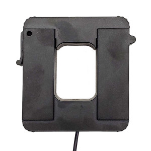 Black square electrical sensor device with an open rectangular hole in the middle and a wire coming out from the bottom.