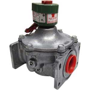Industrial gas solenoid valve with a green coil and red inlet port on an aluminum valve body, mounted with bolts and wiring.