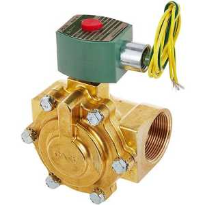 Golden metal valve with a cylindrical threaded port, circular bolted housing, and a green solenoid coil with yellow and green wires protruding.