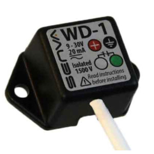 Small black box labeled WD‑1 with plus and ground icons, two mounting tabs and white cable emerging