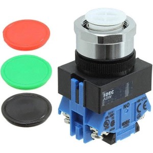 Blue and black pushbutton switch with white cap and separate red, green, black round lenses.
