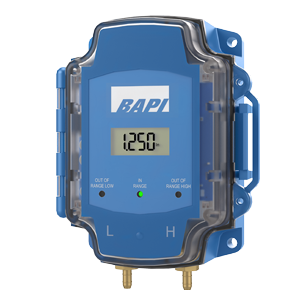 Blue rectangular box with a digital screen and two brass pressure ports on the front