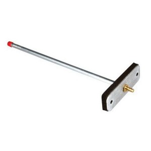 Long slender metal tube with red end cap attached to rectangular mounting plate with small brass hose barb