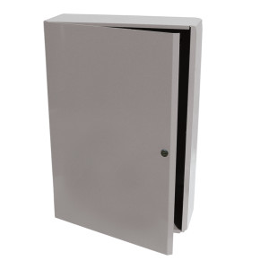 Photo of a rectangular off-white metal enclosure or cabinet with a hinged door ajar, showing a small lock or latch on the front.