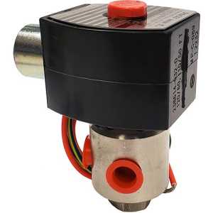 Metal solenoid valve with a black top housing, red circular port and multi‑colored wires