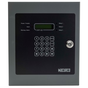 Grey panel with digital screen, numerical keypad and status LEDs