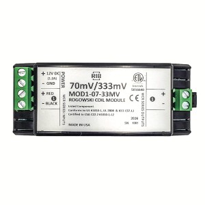 Rectangular black module labelled '70mV/333mV Rogowski coil module' with green screw terminal blocks on both ends for wiring.