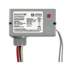 Grey rectangular lighting control device with printed specifications, a small red indicator and multiple color-coded wires extending from it.