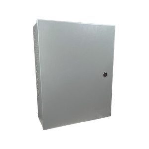 Plain grey rectangular metal box with a smooth front door and a small round lock on the right side