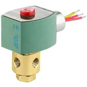 Industrial solenoid valve with a brass body featuring side holes, green top with a red button and colored wires