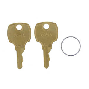 two identical brass keys side by side with a round metal key ring