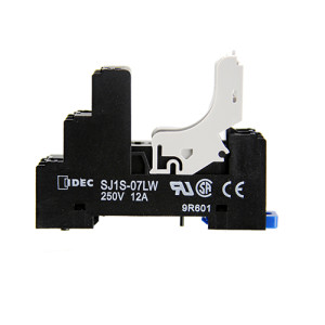 Black DIN‑rail relay socket with white clamp and blue tab.