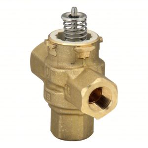 Brass valve body with three threaded openings and a silver coil spring protruding from the top centre.