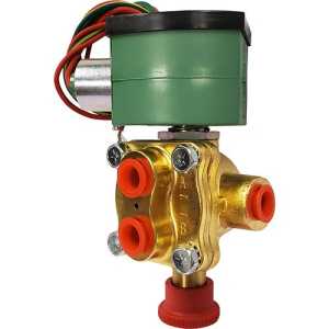 Image of a brass solenoid valve featuring a green cylindrical coil at the top, with orange plastic caps covering the inlet and outlet ports and colored wires extending from the coil.
