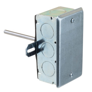 Galvanized metal junction box with circular knockouts and a long narrow temperature probe protruding from one end; includes mounting bracket
