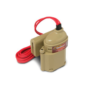 Small beige plastic unit with rounded top and long coiled red cable extending from the top connector.