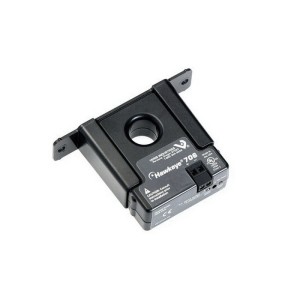 Black square current switch sensor with a hole in the centre and two mounting ears.