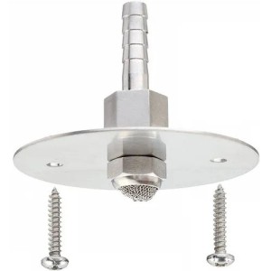 Circular metal plate with central barbed fitting, a mesh tip and two screws for mounting