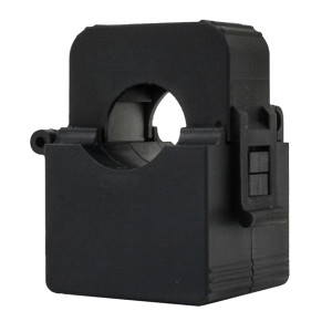 Compact black plastic current transformer with a split-core design and a circular opening in the center for clamping around a conductor.