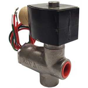 Industrial solenoid valve featuring a metallic Y-shaped body with a black rectangular coil on top and multi-colored wire leads.