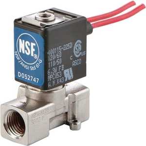A small stainless steel solenoid valve with a black square coil bearing an NSF logo and two red wires extending from the top