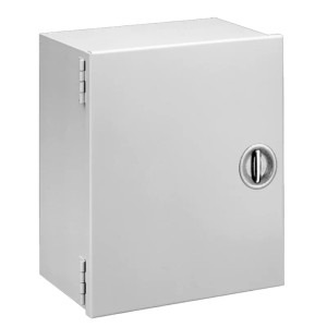 Large grey rectangular enclosure with hinged front door and latch
