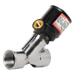 Metallic angled valve with a black cylindrical coil on top and threaded openings at each end