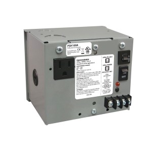 Grey power hub containing transformer, outlet and two switches