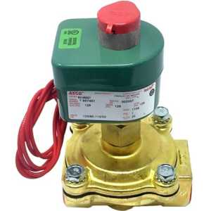 Industrial solenoid valve with a shiny brass body and a green rectangular coil topped by a red button, attached to red electrical wires.