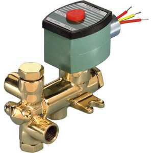 Polished brass solenoid valve with a cross-style body, topped by a green coil housing with red button and attached colored wires