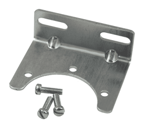 Small L-shaped metal bracket with elongated holes and curved notch, with two screws.
