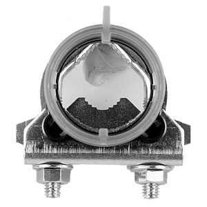 Close‑up view of a round metal clamp bracket with a gray circular opening and two hex bolts at the base used for fastening mechanical parts.
