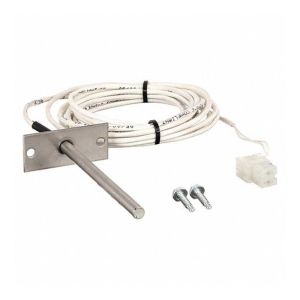 Long thin stainless temperature probe connected to a coiled cable with mounting screws and shield