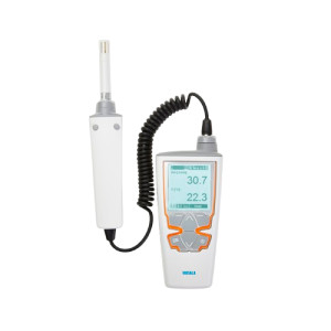 Handheld meter with white probe and display showing 30.7% RH and 22.3°C.