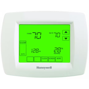 Rectangular white thermostat featuring a bright green screen displaying temperature, time and humidity