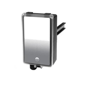 Rectangular white sensor box with transparent cover and perforated circular vent pattern.