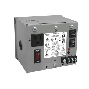 Square grey enclosure labeled PSH75AB10 containing a black outlet, red breaker switch, two control switches and screw terminals.