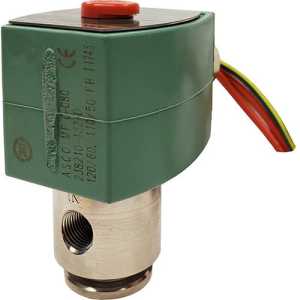 Photograph of a green electrical solenoid valve with a square coil housing on top of a cylindrical metal valve body, with wires protruding from the side.