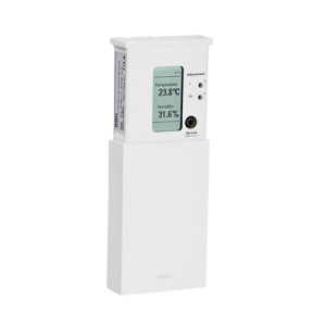 white Vaisala HMW92 wall sensor with sliding cover; digital display reads temperature 23.8°C and humidity 31.6% with small adjustment buttons