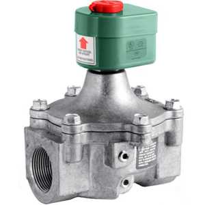 Industrial silver gas shutoff valve topped with a green solenoid coil featuring a red button and a printed direction arrow