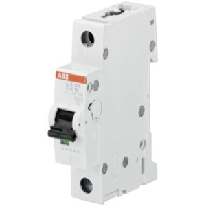 A compact white miniature circuit breaker branded ABB, featuring a black on/off switch lever and small circular access ports