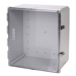 Large clear-fronted rectangular box with hinged transparent lid and metal latches on the side.