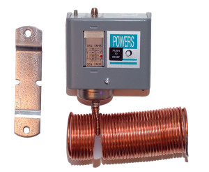 Gray square thermostat box labelled Powers with reset button; attached to a long coil of copper tubing; mounting bracket included.