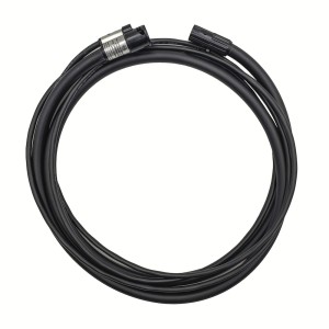 Loop of heavy black cable with a cylindrical connector and stripped leads, used as a flexible Rogowski coil for measuring high current.