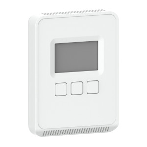 White wall sensor with rectangular screen, three square buttons below and bottom vent.