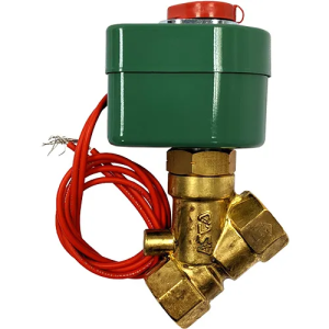 Compact brass Y-shaped solenoid valve topped by a green coil housing with a red button and attached red wires