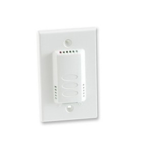 White wall plate featuring a raised sensor module with three oval indents, vent slots and red and green LEDs