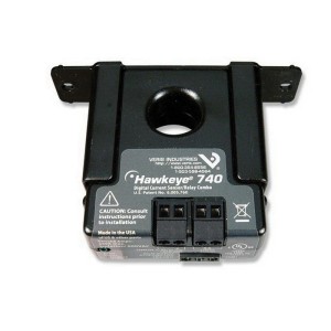 A black square digital current sensor labeled Hawkeye 740, featuring a circular opening in the center and mounting brackets on either side